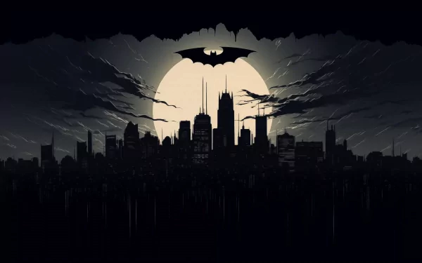 HD wallpaper of a stylized Gotham City skyline silhouette with the iconic Batman logo against a full moon.