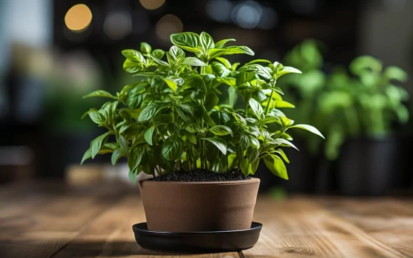 A vibrant basil plant in a brown pot, set on a wooden surface, surrounded by softly blurred greenery. This HD image captures the essence of nature and greenery.