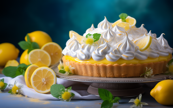 HD wallpaper of a freshly baked lemon pie with whipped cream and lemon slices, perfect for desktop background.