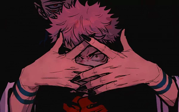 HD wallpaper of Sukuna from the anime Jujutsu Kaisen, shown with his face framed by his fingers, designed for vibrant OLED display.