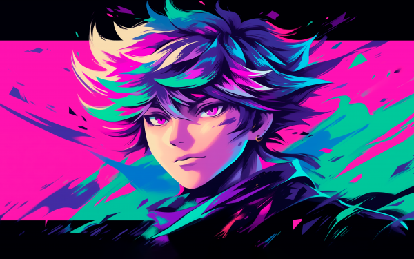 Vibrant vaporwave-style HD wallpaper featuring an original animated character with colorful neon aesthetics.
