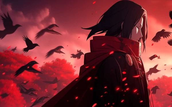HD wallpaper featuring Itachi Uchiha from Naruto, with a backdrop of red hues and flying crows.