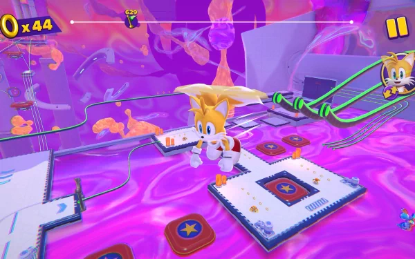Alt Text: HD desktop wallpaper featuring Tails from the Sonic Dream Team navigating a vibrant, purple virtual world filled with floating platforms and dynamic obstacles.