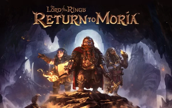 HD desktop wallpaper of The Lord of the Rings: Return to Moria featuring three dwarves in a cavernous, mystical setting.