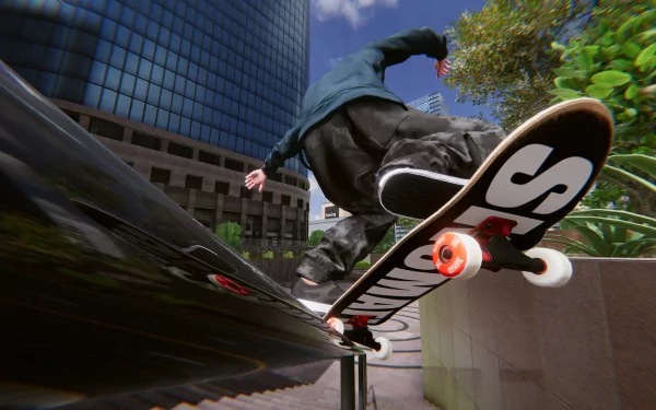 HD wallpaper featuring a dynamic Skater XL gameplay moment with a skateboarder performing a trick in an urban setting.