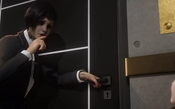 HD wallpaper featuring a scene from Vampire: The Masquerade - Swansong game, with a character stealthily opening a door.