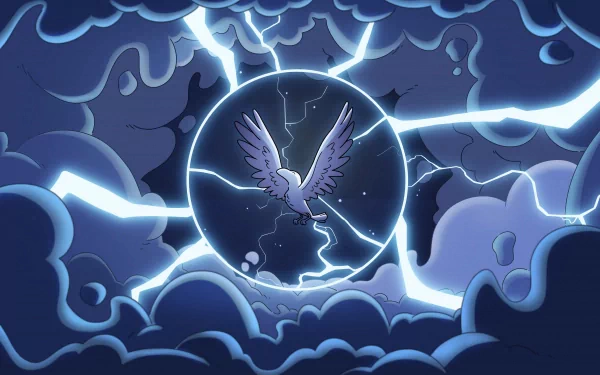 HD desktop wallpaper featuring Hilda, with an artistic illustration of a glowing bird encircled by lightning amid dark clouds.