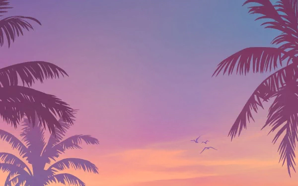 Grand Theft Auto VI 4K Ultra HD PC desktop wallpaper: pastel sunset sky with silhouetted palm trees and birds, styled like Grand Theft Auto video game coastal artwork.