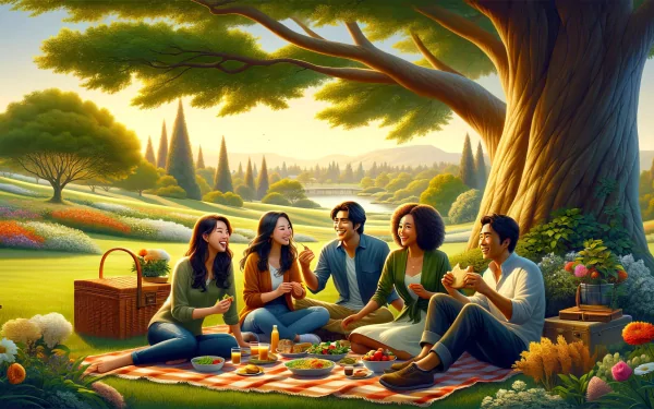 HD wallpaper of friends enjoying a picnic under a large tree with a scenic landscape background.