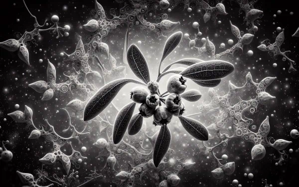 HD desktop wallpaper featuring an artistic black and white illustration of mistletoe with a whimsical, celestial background design.