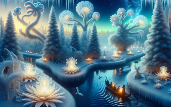 Enchanting winter wonderland HD desktop wallpaper featuring a magical snowy landscape with illuminated trees, flowers, and a serene river.
