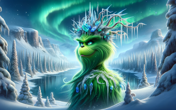 HD Wallpaper of The Grinch character with a Northern Lights background in a winter wonderland setting, ideal for desktop background.