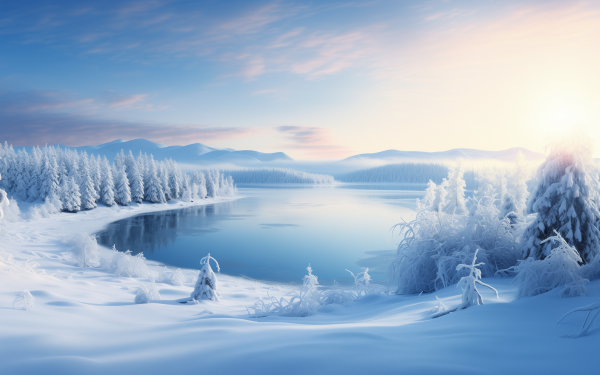 HD Winter Wallpaper with Snow-Covered Landscape at Sunrise for Desktop Background