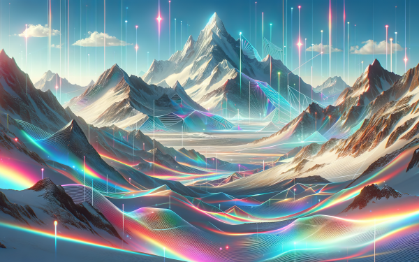 HD desktop wallpaper featuring a snowy mountain with vibrant neon lights and futuristic elements.