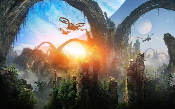 HD desktop wallpaper featuring the lush world of Pandora from the video game Avatar: Frontiers of Pandora, showcasing soaring creatures and magnificent alien flora under a mystical planetary skyline.