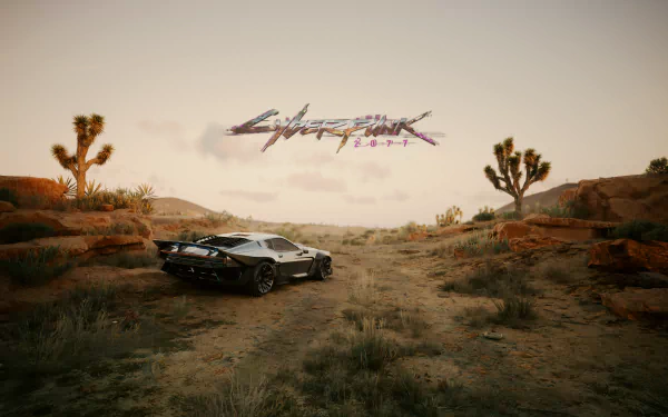 4K Ultra HD Cyberpunk 2077 wallpaper featuring the Quadra Type-66 Avenger parked in a desert landscape with Joshua trees under a soft, muted sky.