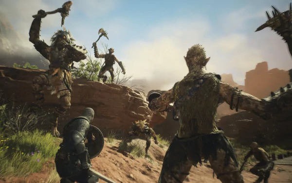 HD desktop wallpaper of Dragon's Dogma 2 featuring a warrior confronting monstrous enemies in a desert landscape.
