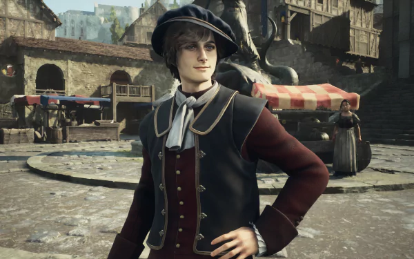 HD Dragon's Dogma 2 wallpaper featuring a character in a medieval town setting.