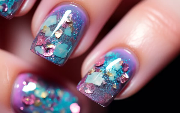 Close-up of a woman's glittering nails adorned with colorful sequins on a gradient background. A vibrant, eye-catching HD wallpaper that showcases stunning nail art.