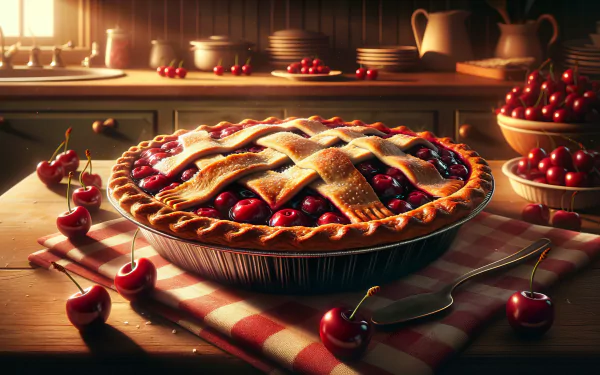 A beautifully baked cherry pie sits on a rustic kitchen table, surrounded by fresh cherries and kitchenware, evoking a warm, inviting atmosphere. HD desktop wallpaper background.