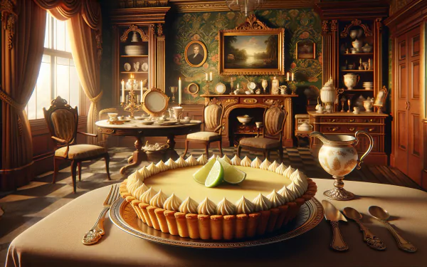 A beautifully crafted key lime pie sits elegantly on a table in a vintage dining room, surrounded by ornate furniture and decor, creating a charming HD wallpaper scene.