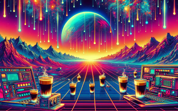 HD Wallpaper featuring surreal espresso-themed digital art with vibrant neon mountainscape, retro control panels, and coffee cups against a cosmic backdrop for desktop background.