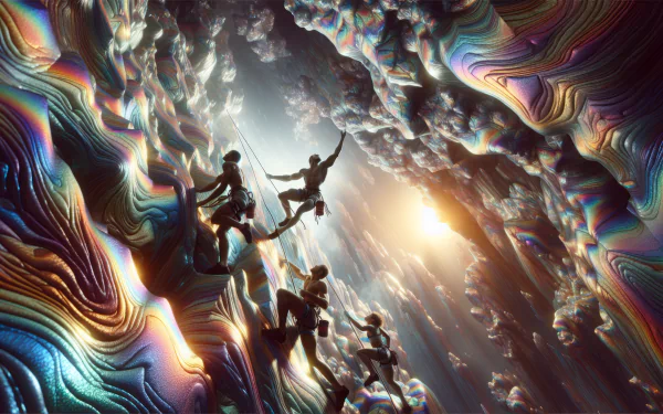 A vibrant HD wallpaper depicting climbers navigating a colorful, abstract rock formation, illuminated by ethereal light, capturing the thrill of rock climbing in a surreal environment.