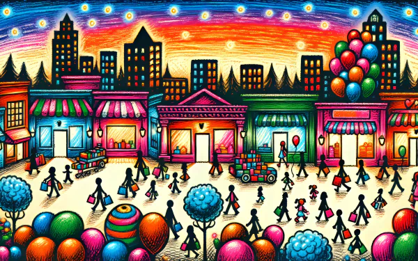 Colorful artistic illustration of bustling shopping district with animated people and vibrant sunset for HD desktop wallpaper.