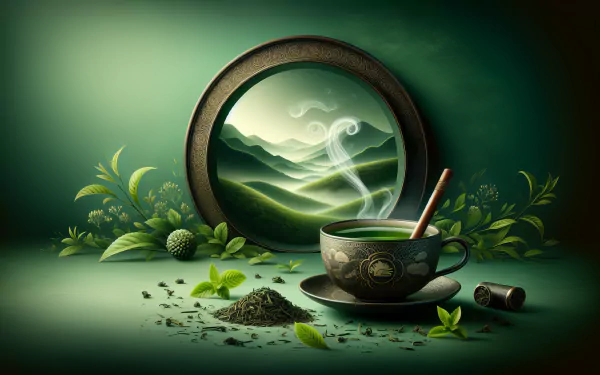 HD desktop wallpaper depicting a beautifully crafted scene of a green tea cup, with loose tea leaves, against a mystical backdrop of mountainous landscape seen through a circular frame.