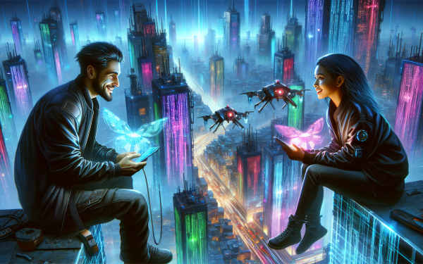 Two friends sharing a futuristic moment with holographic technology above a neon-lit cityscape for HD desktop wallpaper.