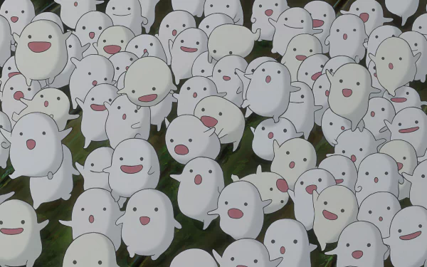 HD desktop wallpaper featuring an array of cute cartoon ghosts suitable as a background, related to the movie The Boy and the Heron.