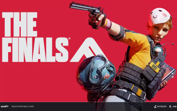 HD wallpaper featuring a character from the video game 'The Finals' with a vibrant red background, showcasing dynamic action pose with a pistol and helmet.