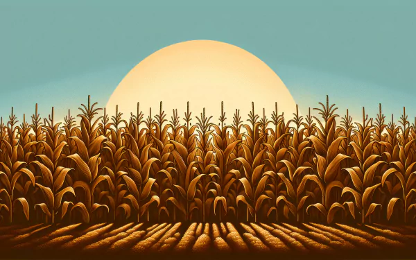 A vibrant HD wallpaper featuring a field of cornstalks silhouetted against a large sun, casting warm light over a serene agricultural landscape.