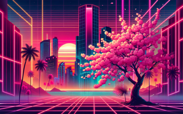 Vibrant HD wallpaper featuring a cherry blossom tree with pink blooms in a neon-lit retro-futuristic cityscape at sunset, perfect for desktop backgrounds.