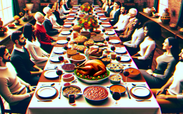 A festive Thanksgiving dinner table spreads with a roast turkey, various dishes, and a diverse group of people joyfully gathered together, creating a warm holiday atmosphere.