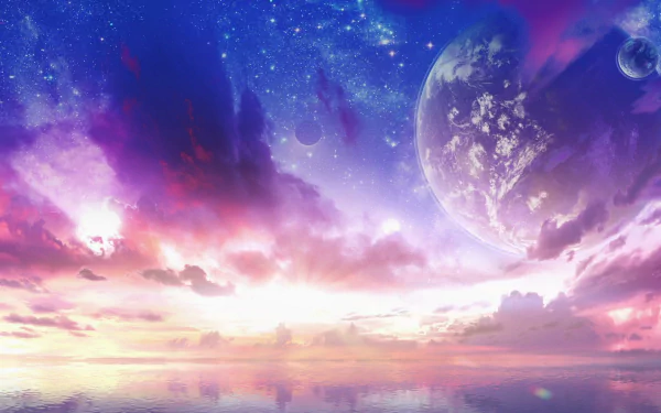 Star Trek: Prodigy inspired HD desktop wallpaper featuring a stunning cosmic scene with vibrant galaxies and celestial bodies over a serene water reflection.