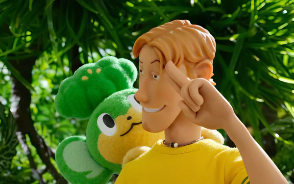 HD wallpaper featuring a scene from Pokemon Concierge with a claymation-style character in the foreground and a Pokémon in the background.