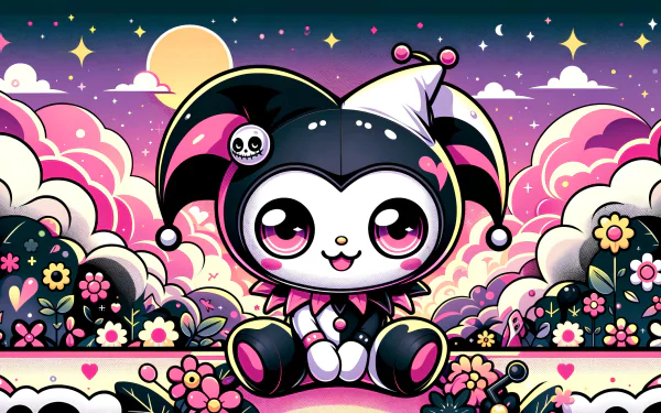 HD desktop wallpaper featuring Kuromi from Hello Kitty against a colorful, whimsical background with flowers and stars.