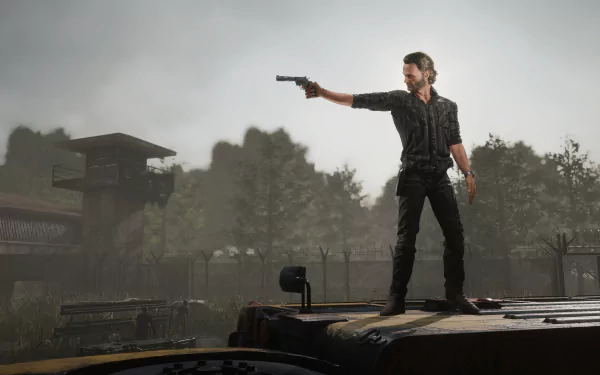 HD wallpaper of a character wielding a gun from The Walking Dead: Destinies video game, standing atop a vehicle with a watchtower in the background.