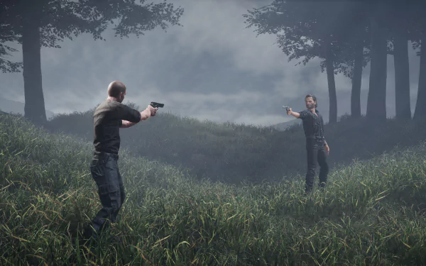 HD wallpaper of two characters in a tense standoff from The Walking Dead: Destinies video game set in a misty forest.