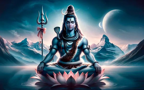 HD desktop wallpaper of Lord Shiva (Mahadev) meditating with a trishula, against a serene Himalayan backdrop and a crescent moon.