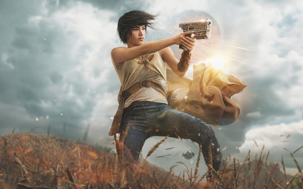 HD desktop wallpaper featuring a dynamic scene from Rebel Moon with a character in combat stance amidst a field under a cloudy sky.