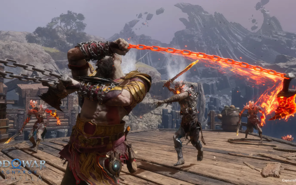 HD desktop wallpaper from God of War: Ragnarök video game depicting a character wielding a fiery whip in a dramatic battle scene.