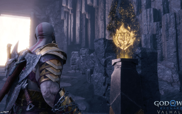 Kratos standing next to a mystical Nordic artifact in God of War: Ragnarök HD desktop wallpaper and background.