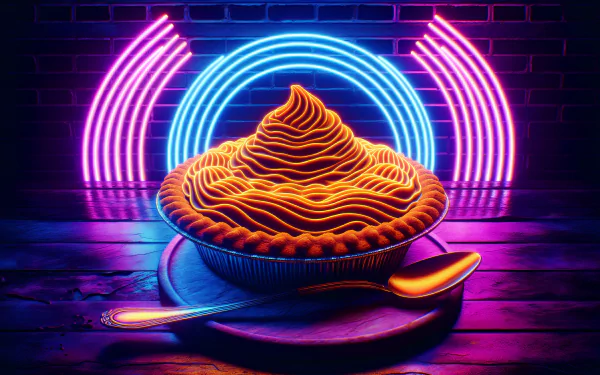 HD wallpaper of a stylized sweet potato pie on a plate with vibrant neon lighting for a desktop background.