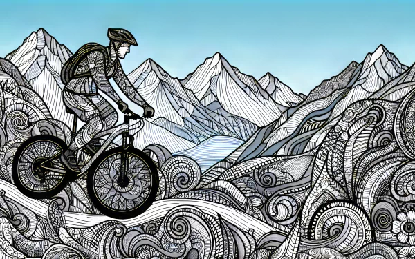Mountain biker illustration on an ornate background of mountains and swirls, styled as an HD desktop wallpaper.