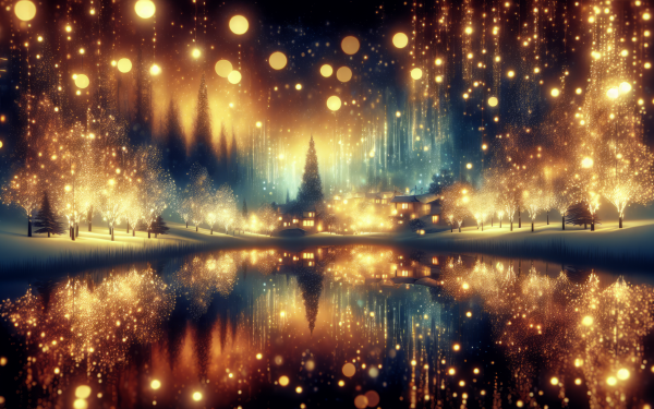 Holiday lights reflecting on water with a warm glow, forest background, HD desktop wallpaper.