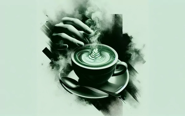 Artistic HD desktop wallpaper featuring a stylized green tea latte with a latte art design, set against a creative abstract background.