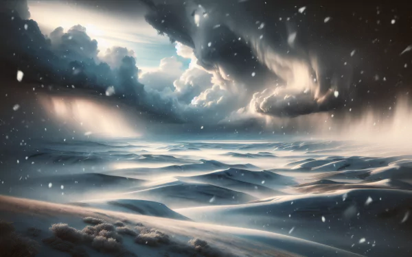 HD wallpaper of a dramatic snowstorm with snowflakes descending over serene snow-covered dunes under a tumultuous sky.