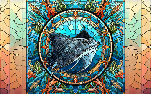 Stylized HD stingray illustration within a colorful stained glass design, suitable for desktop wallpaper and background.